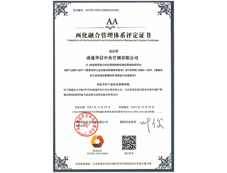 华信两化融合体系认证证书（AA级）