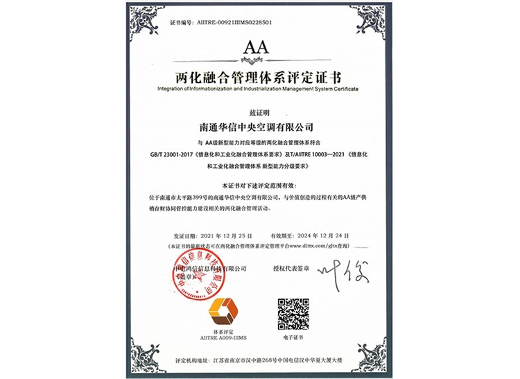 华信两化融合体系认证证书（AA级）